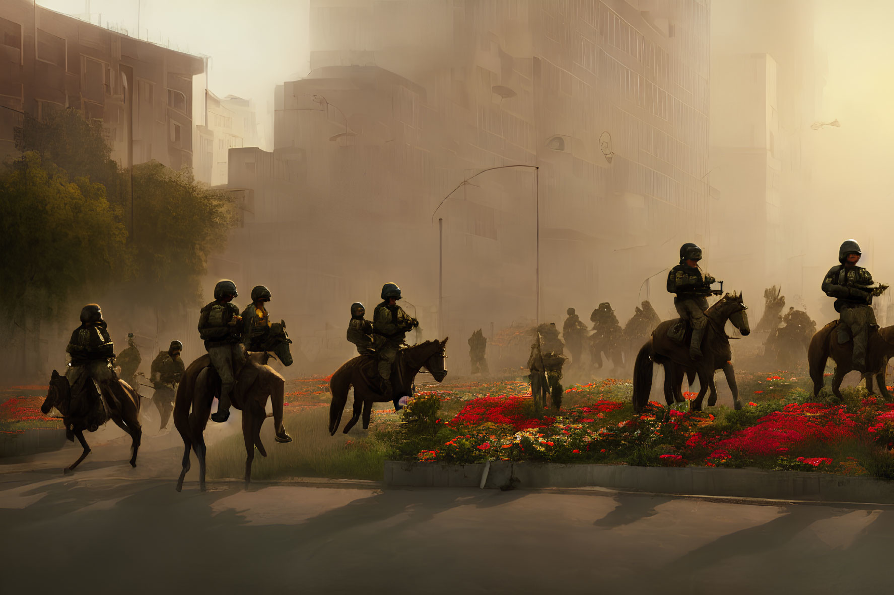 Mounted Police Patrol City with Hazy Buildings and Red Flowerbeds