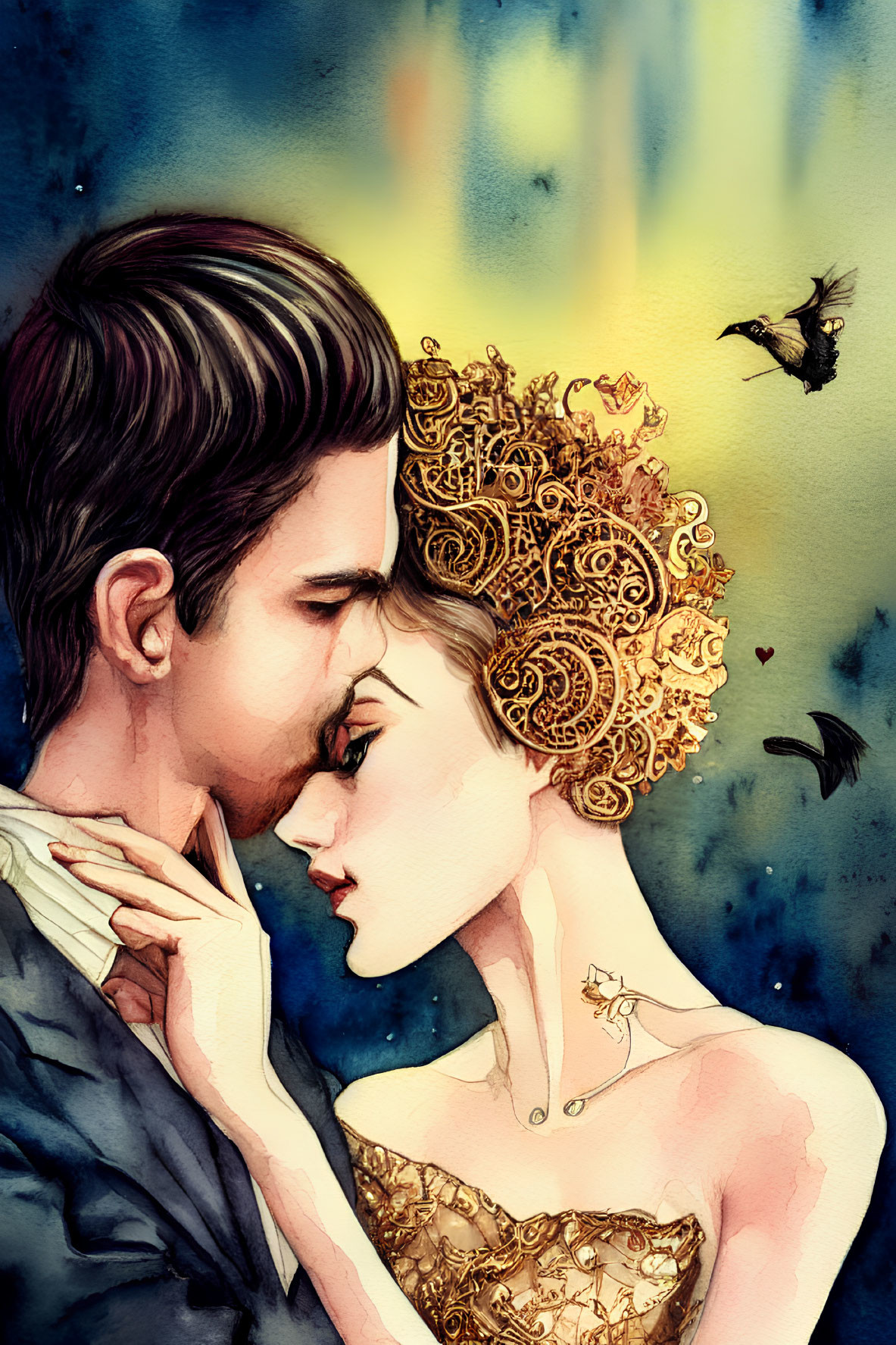 Romantic couple illustration with golden-haired woman and bird on vibrant watercolor background