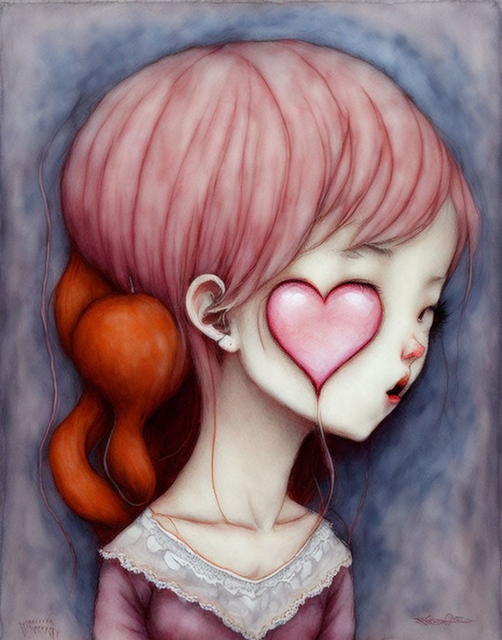 Illustration of girl with heart-shaped blush, coral hair, dreamy expression