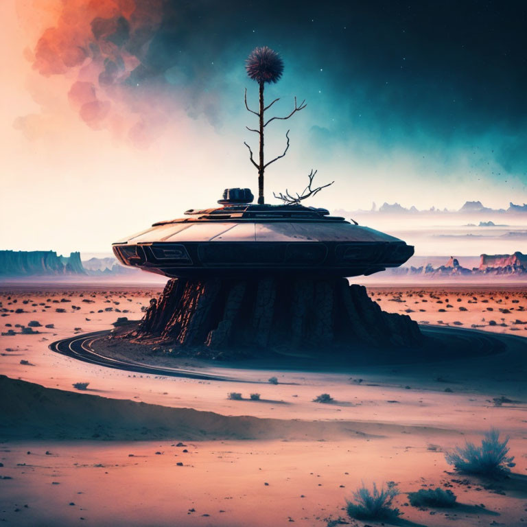 Solitary tree on plateau with UFO in desert twilight