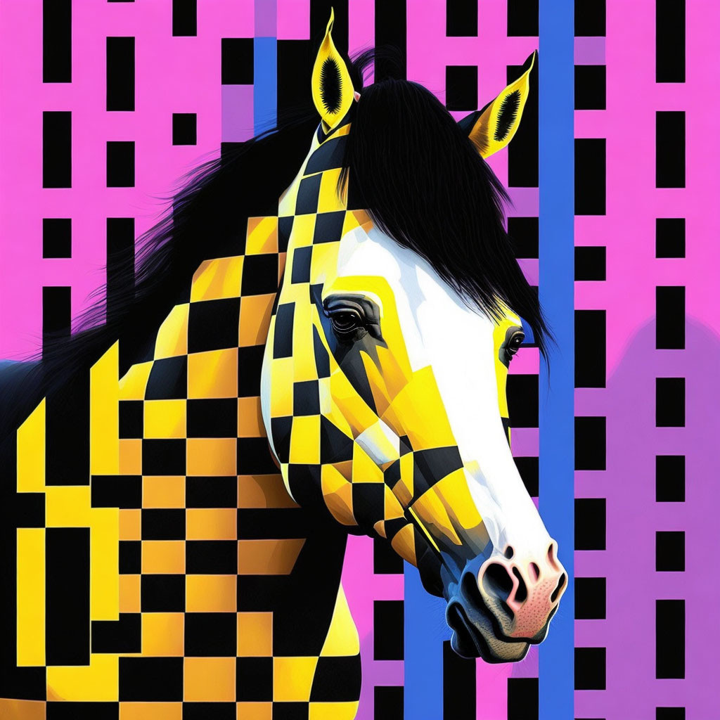 Digitally-altered horse image with checkerboard pattern on face against pink and purple background.