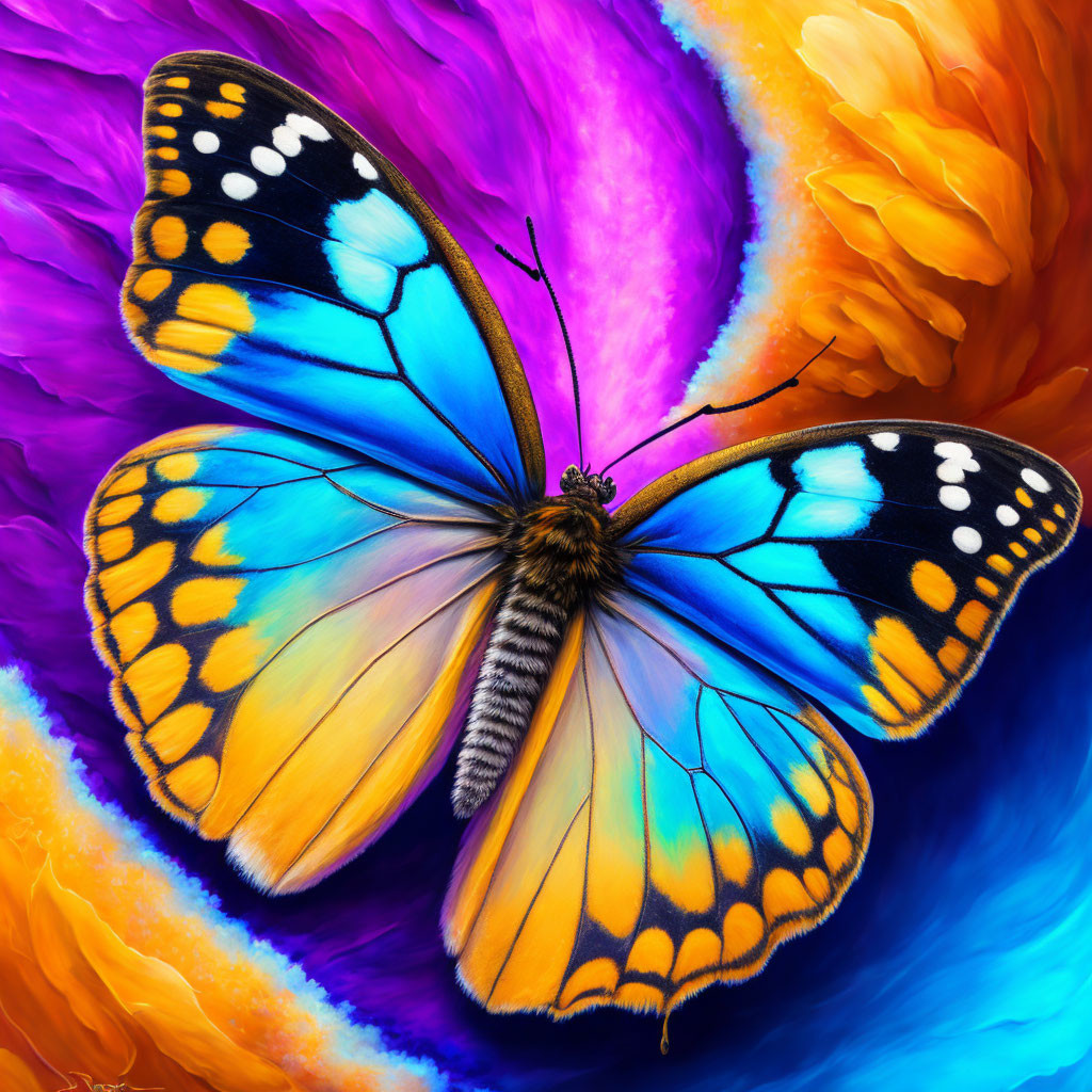 Colorful Butterfly Digital Painting on Vibrant Purple and Orange Background