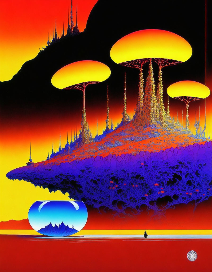 Retro-futuristic landscape with mushroom-like structures in mountainous setting