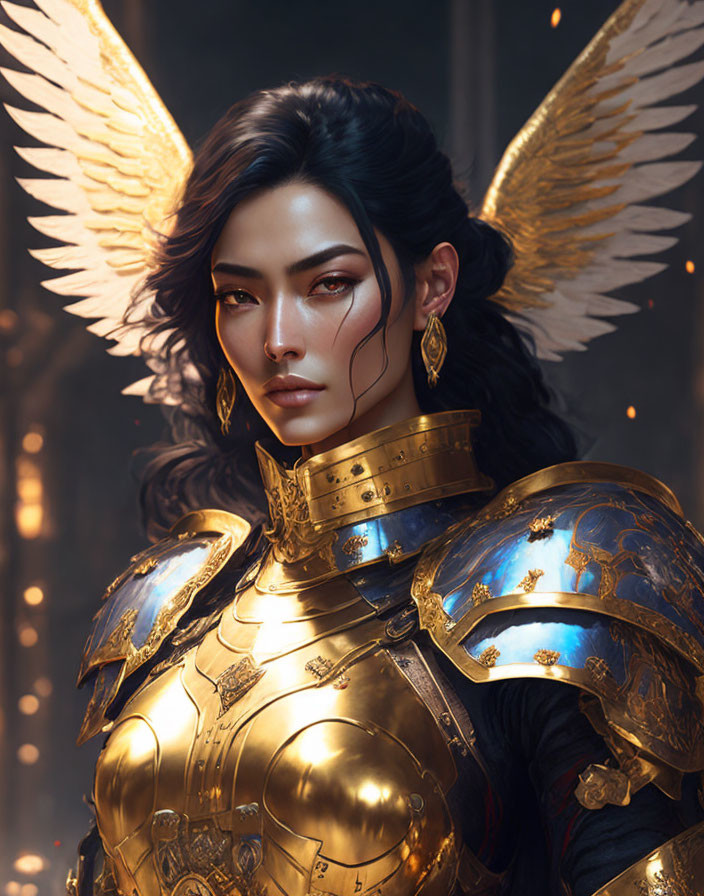 Detailed digital illustration of woman in gold-winged armor with determined expression, surrounded by ethereal light