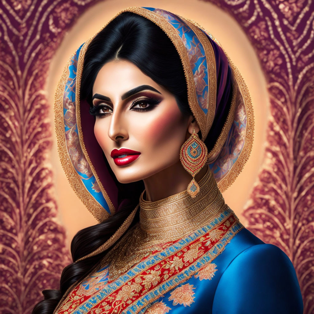 Traditional jewelry and headscarf portrait against patterned backdrop