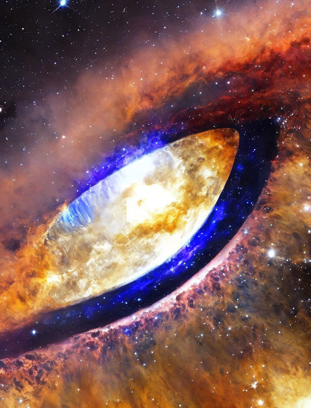 Vibrant cosmic eye with blue center in orange and gold nebulae on starry background