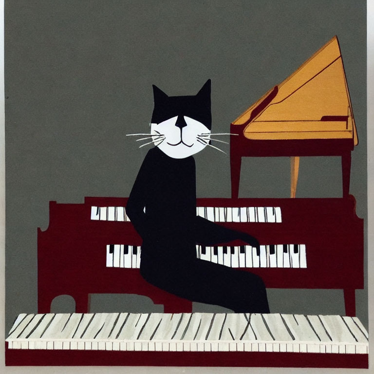 Black and white cat at red piano with bench in calm setting