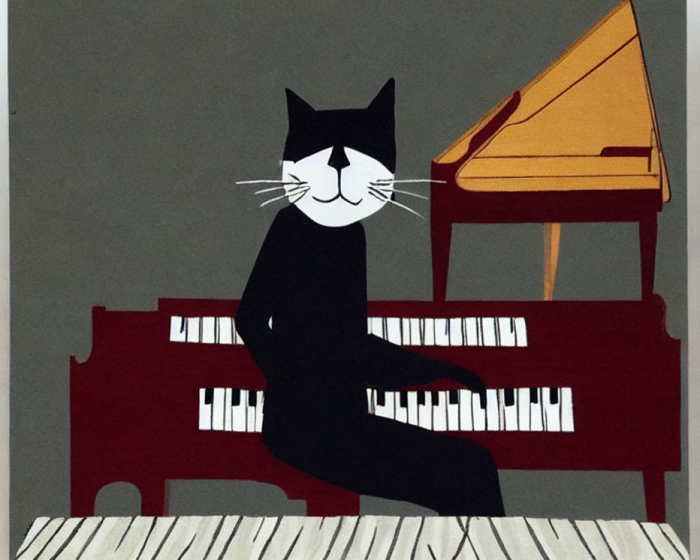 Black and white cat at red piano with bench in calm setting