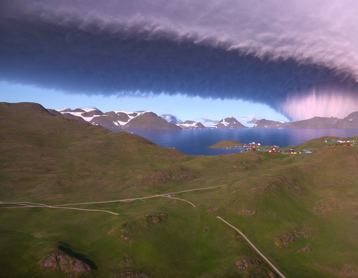 Dramatic shelf cloud over serene village with snowy mountains and calm sea