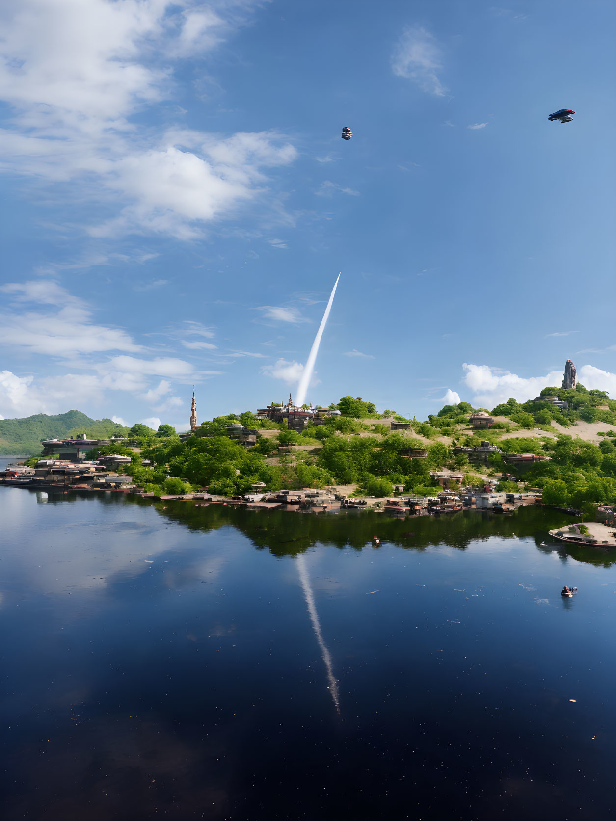 Tranquil lakeside village with rocket launch and lush greenery