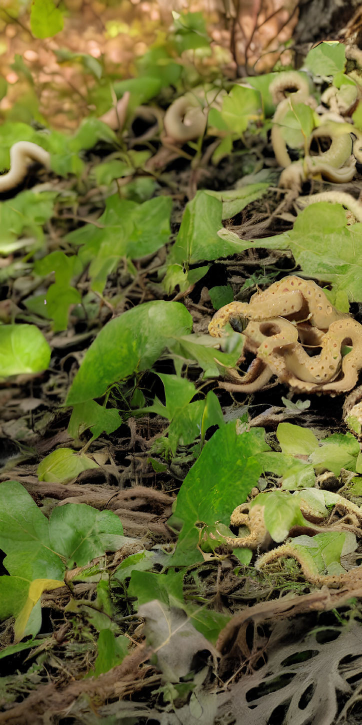 Camouflaged snake blending in forest foliage and fallen leaves.