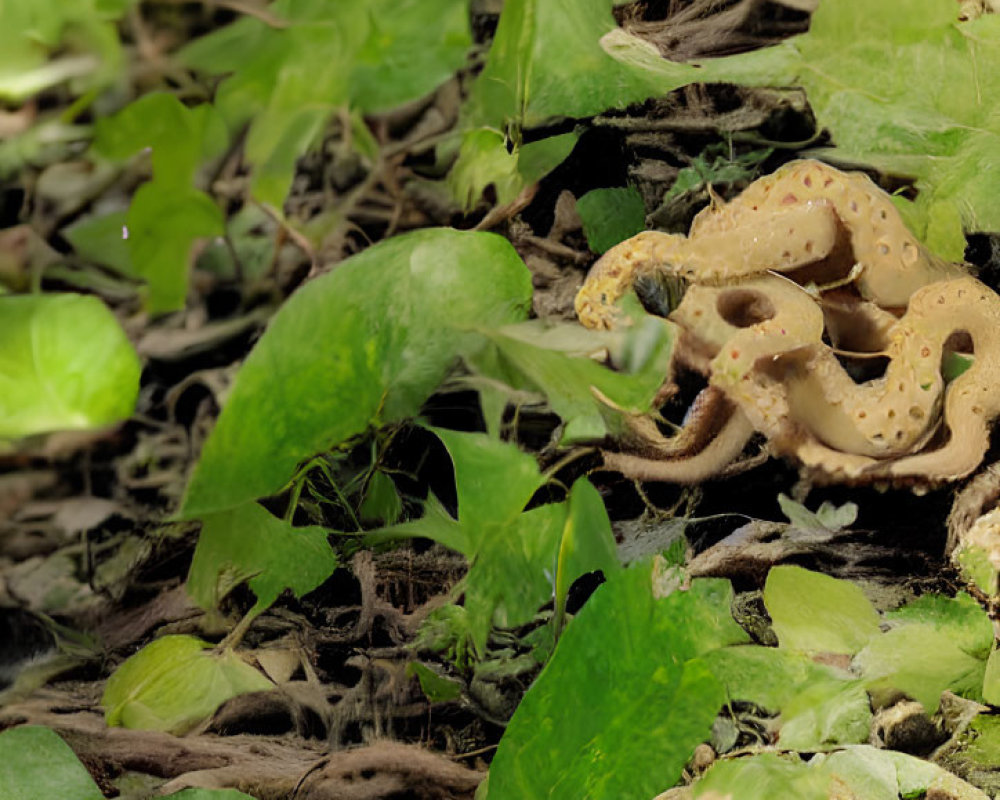 Camouflaged snake blending in forest foliage and fallen leaves.