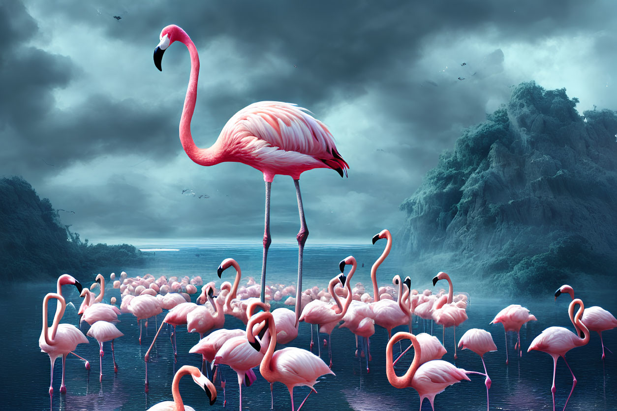 Flock of flamingos in water under stormy sky