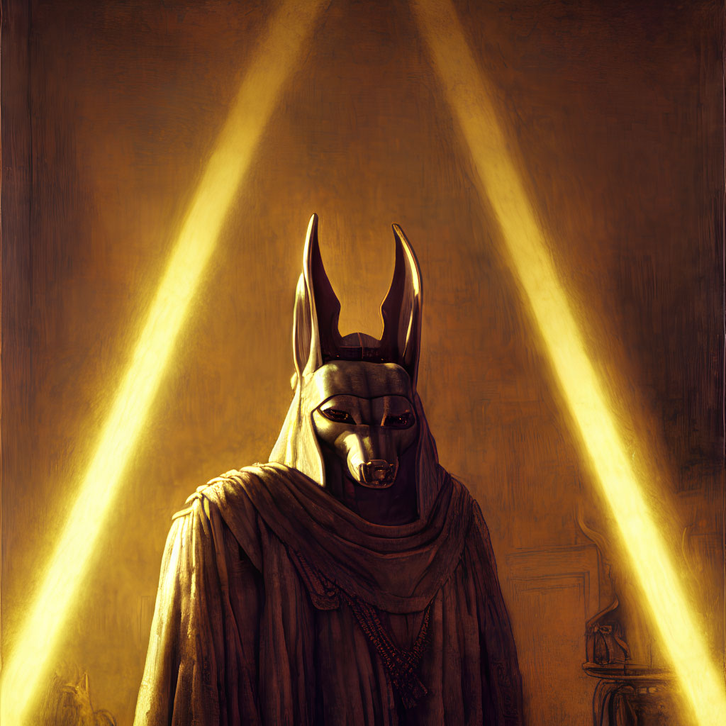 Mysterious Figure in Dark Robe with Canine-Headed Mask