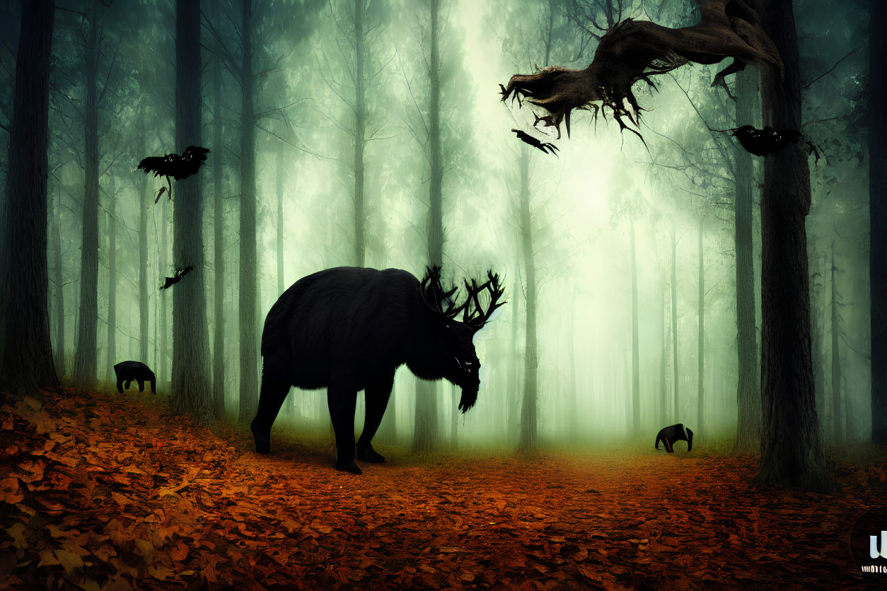 Majestic moose and crows in mystical forest with piercing light