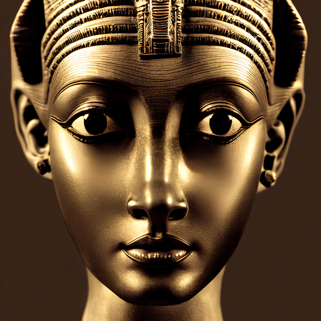 Golden Egyptian Pharaoh Bust with Traditional Headdress and Kohl-lined Eyes