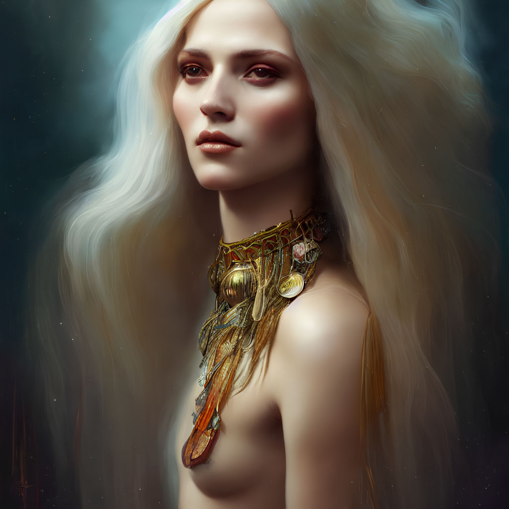 Portrait of woman with long white hair and gold necklace on dark background