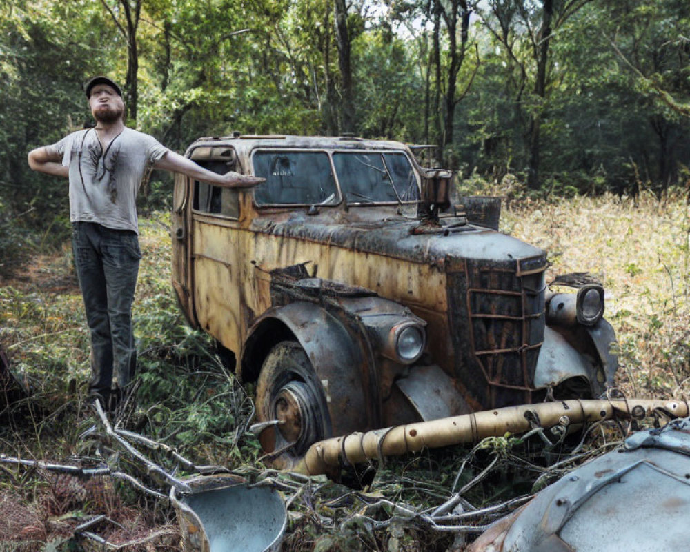 Man stretching near old truck in forest clearing