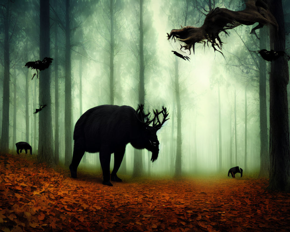 Majestic moose and crows in mystical forest with piercing light