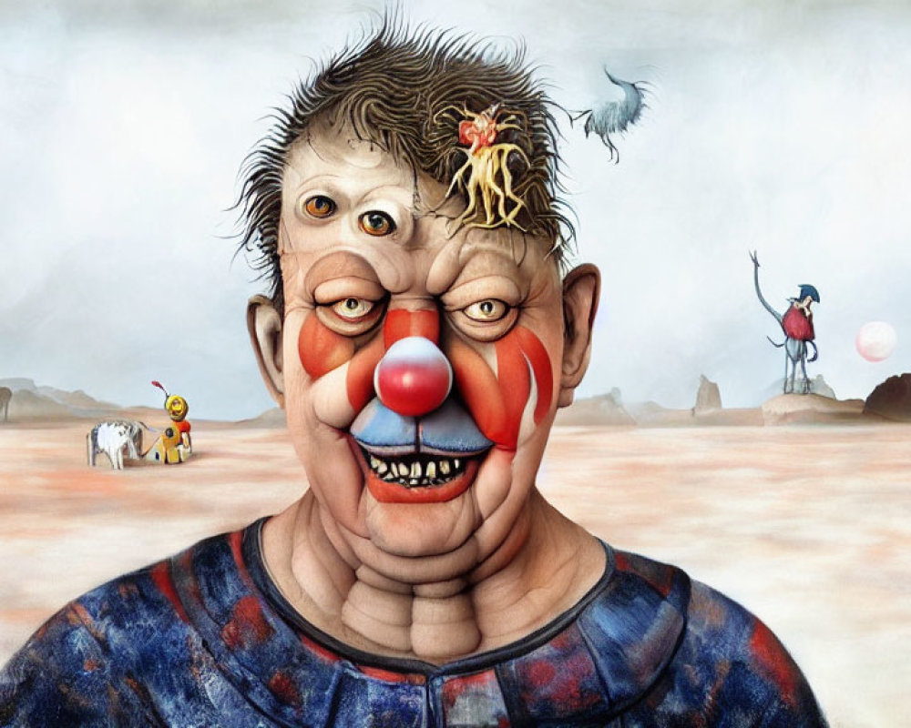 Surreal portrait of a clown in barren landscape with tiny figures