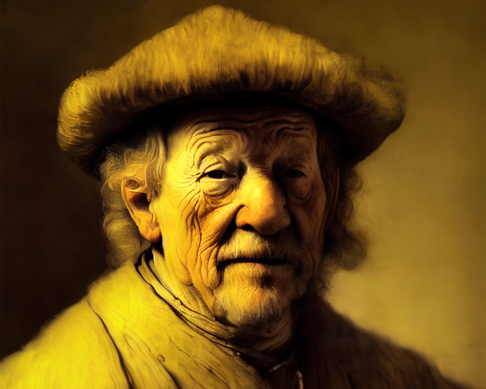 Elderly man in wide-brimmed hat and yellow top, warm portrait style on dark background