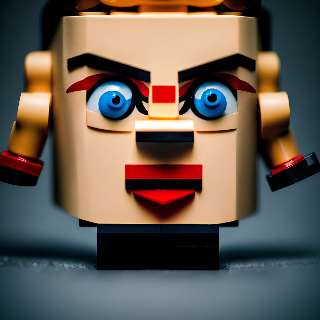 Detailed Lego figure head with stern expression and prominent features.