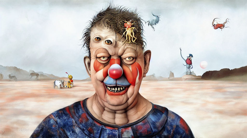 Surreal portrait of a clown in barren landscape with tiny figures