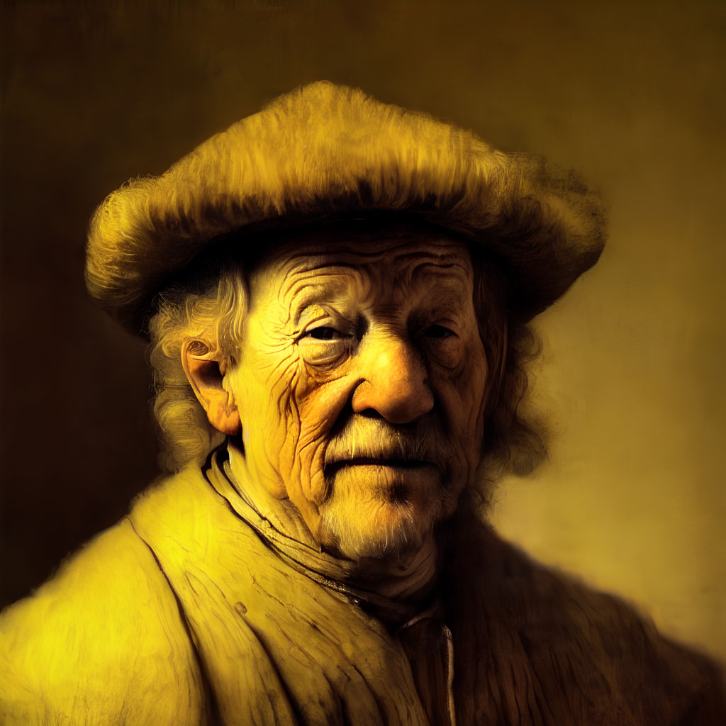 Elderly man in wide-brimmed hat and yellow top, warm portrait style on dark background