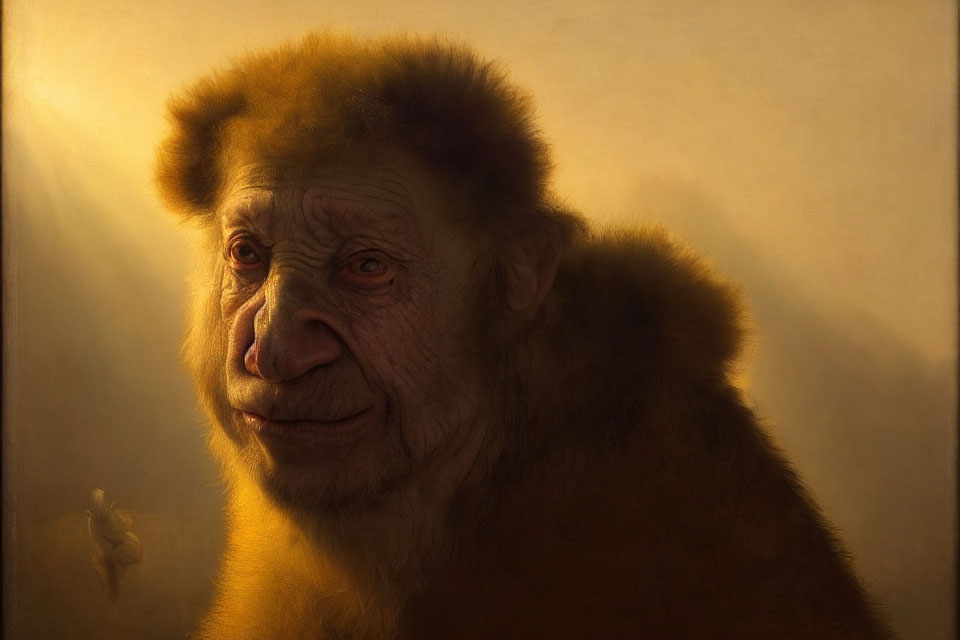 Primate with human-like features in golden light gazing thoughtfully.