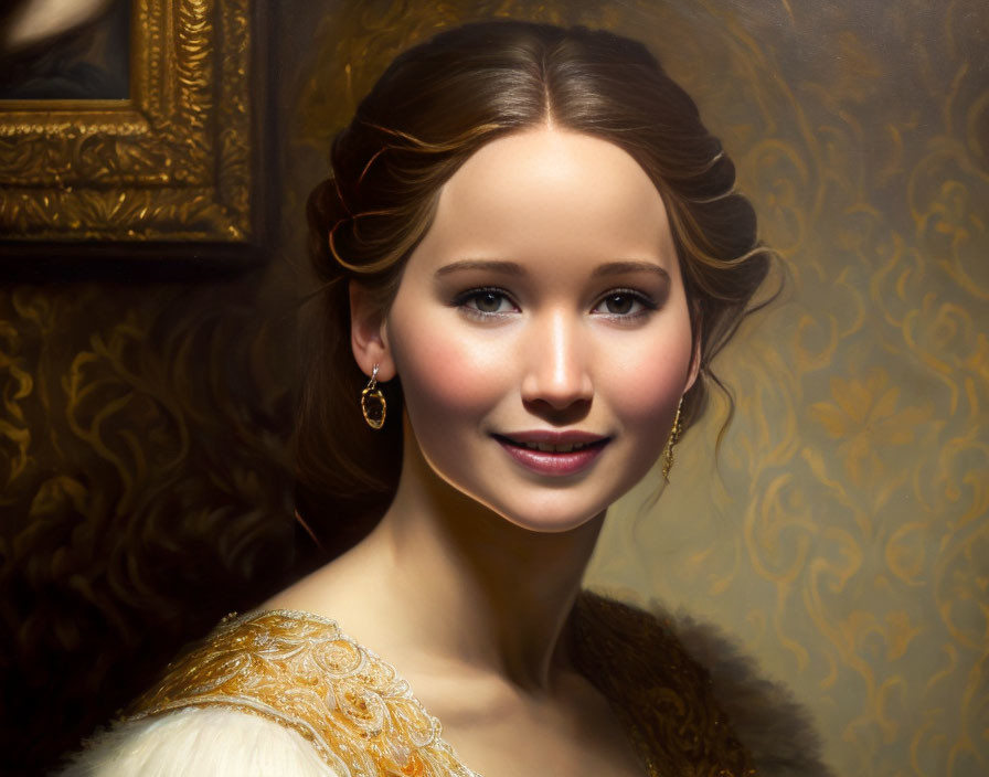 Portrait of Woman with Fair Skin Smiling in Golden Gown