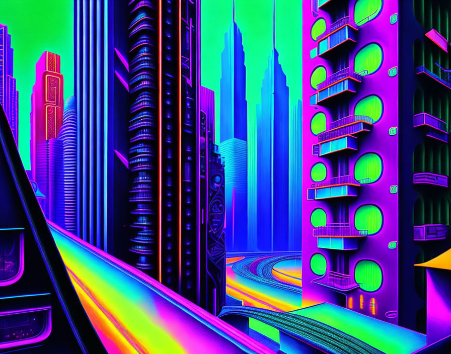 Neon-colored futuristic cityscape with sleek skyscrapers