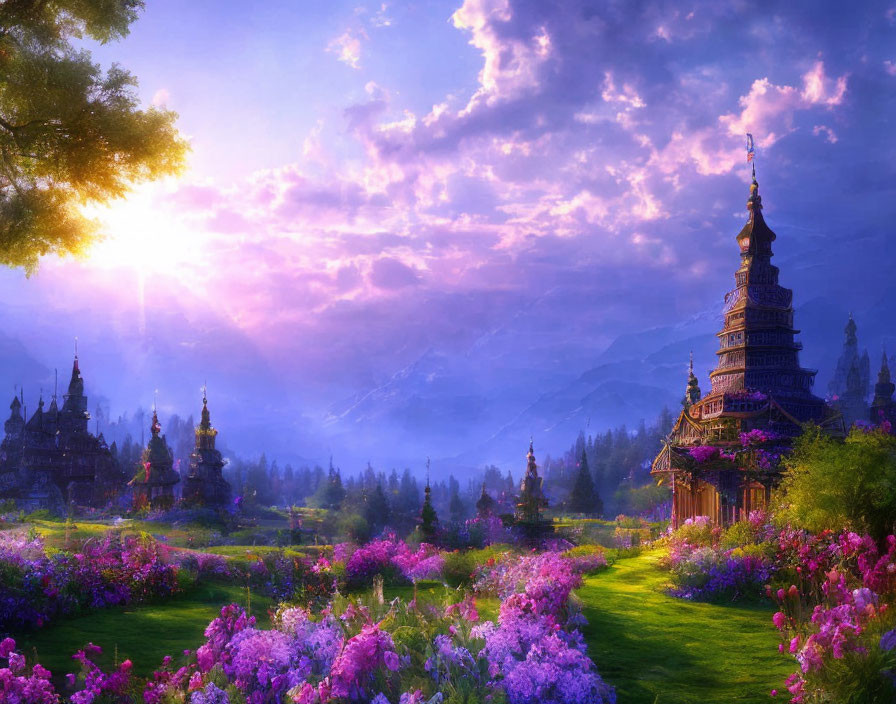 Serene Landscape with Vibrant Flowers and Majestic Spires