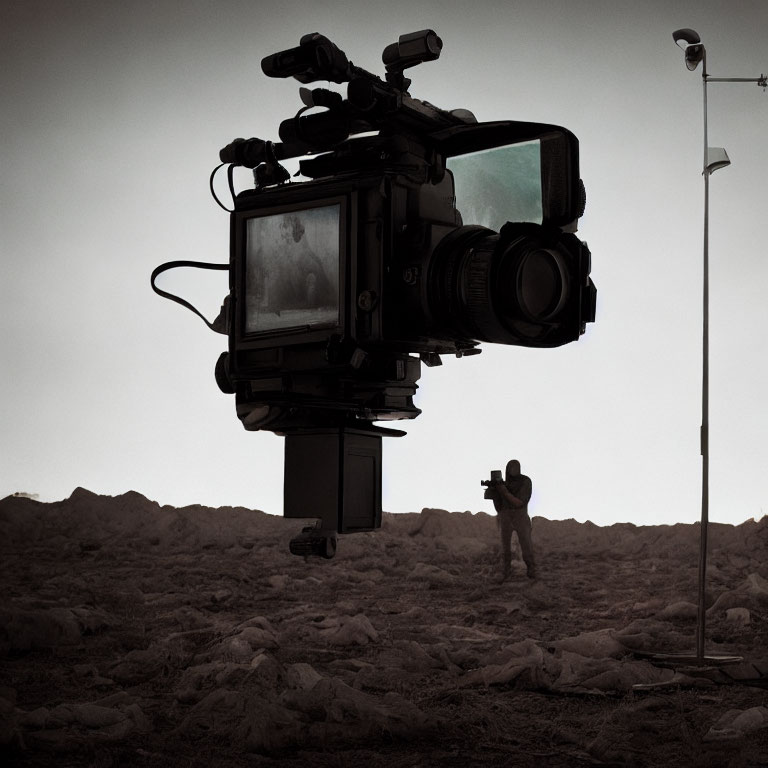 Foreground camera with distant person on rocky film set under single light stand