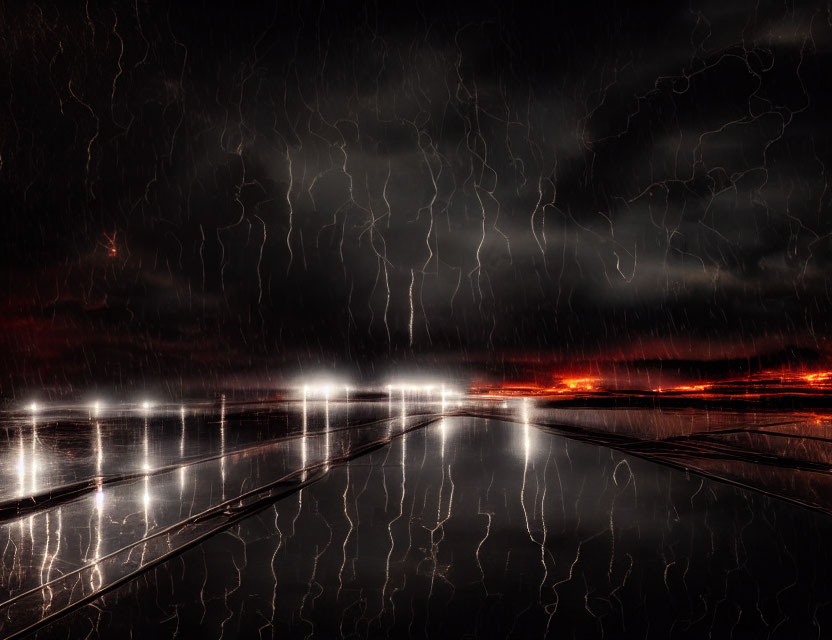 Multiple Lightning Strikes Illuminate Wet Road at Night