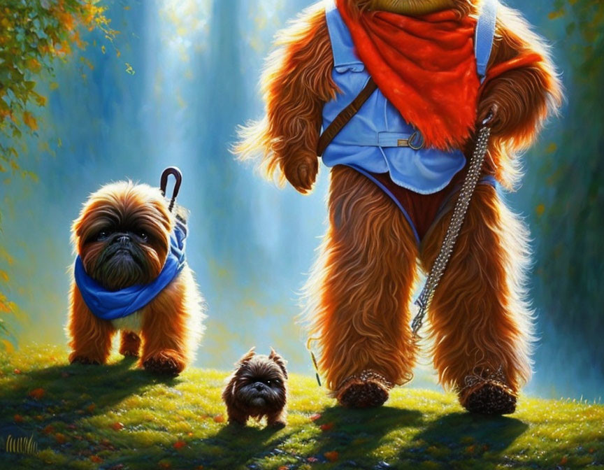 Illustration of two dogs styled as humans, one with a backpack and leading a smaller dog.