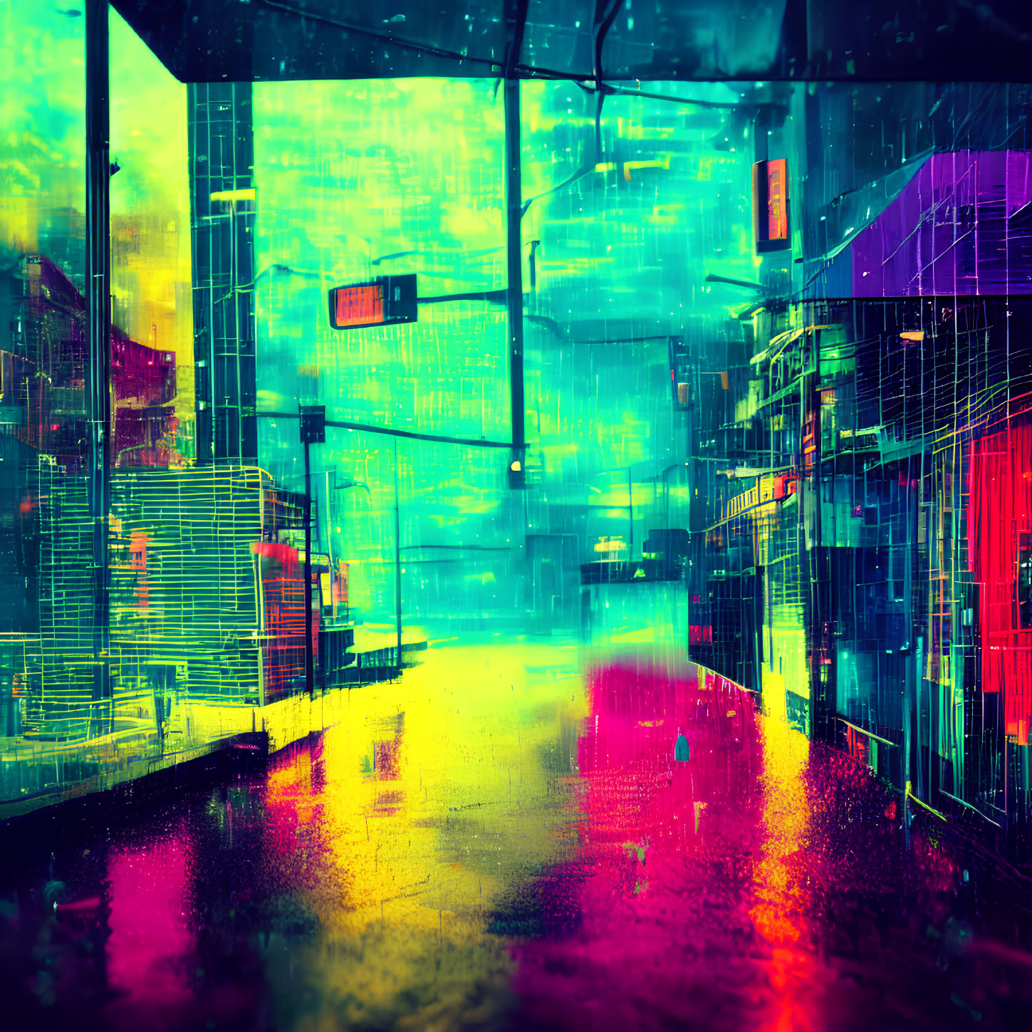 Neon-lit cyberpunk cityscape in rainy reflection