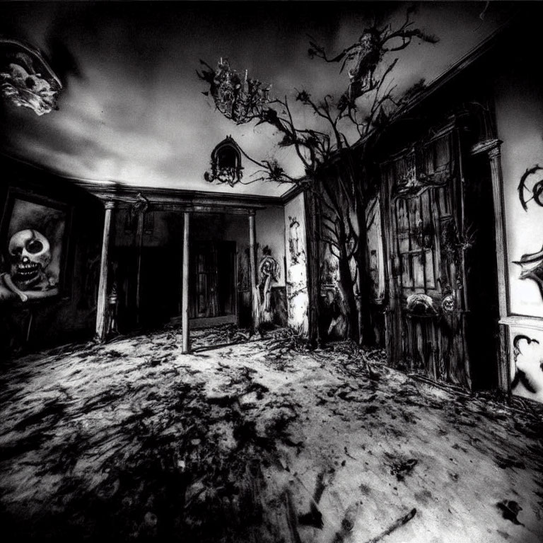 Dark Room with Twisted Branches, Skull Painting, and Ghostly Figure