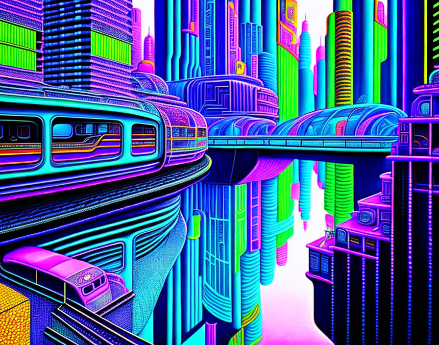 Futuristic neon-lit cityscape with skyscrapers and flying trains