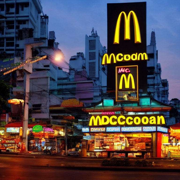 Busy city street at dusk with McDonald's and local shops under illuminated signs