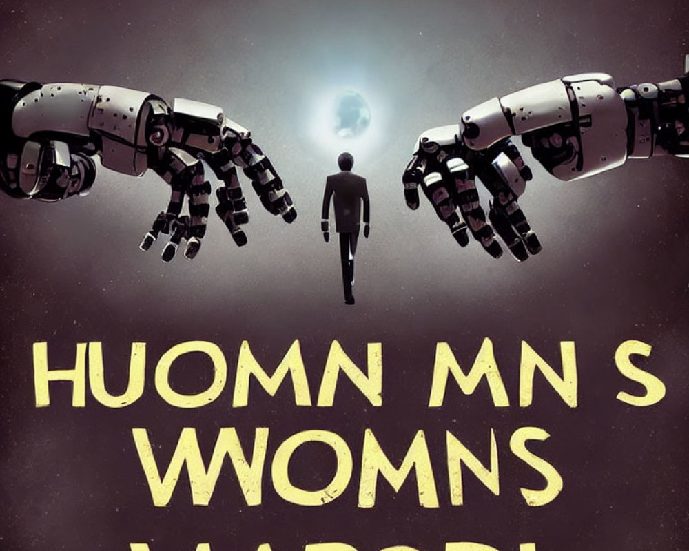 Person walking towards full moon with large robotic arms and distorted text about humans, men, and women.