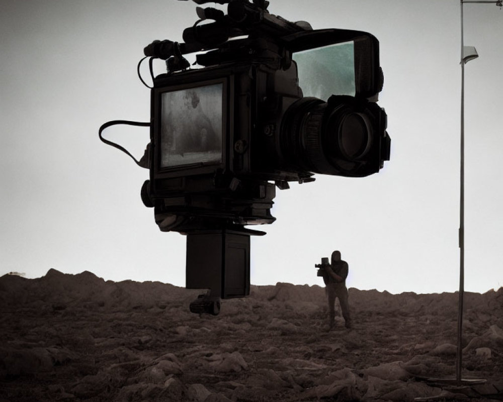 Foreground camera with distant person on rocky film set under single light stand