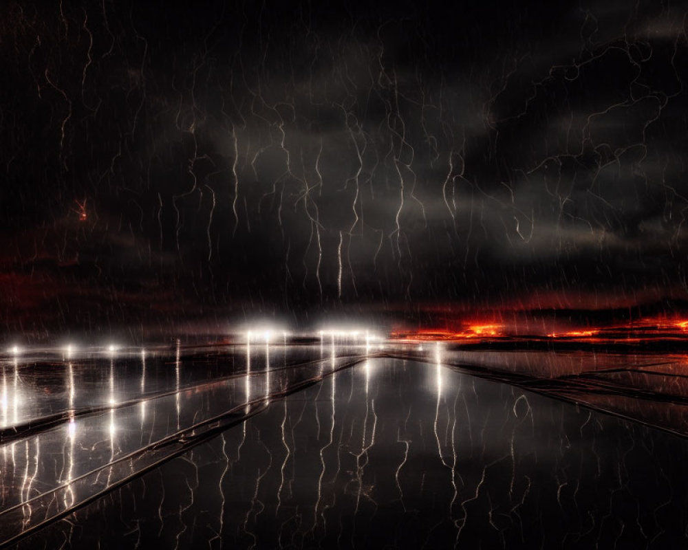 Multiple Lightning Strikes Illuminate Wet Road at Night