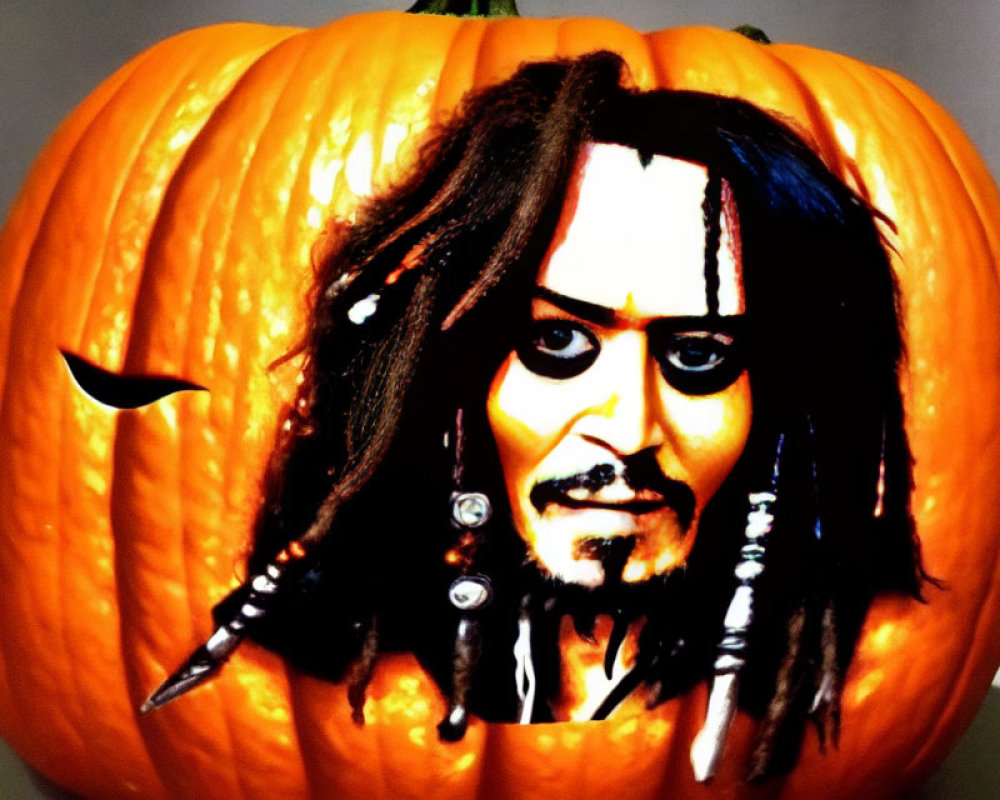 Pumpkin with Pirate Character Carving on Dark Background