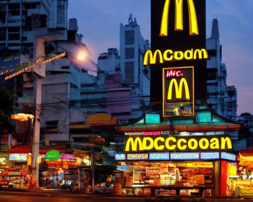 Busy city street at dusk with McDonald's and local shops under illuminated signs