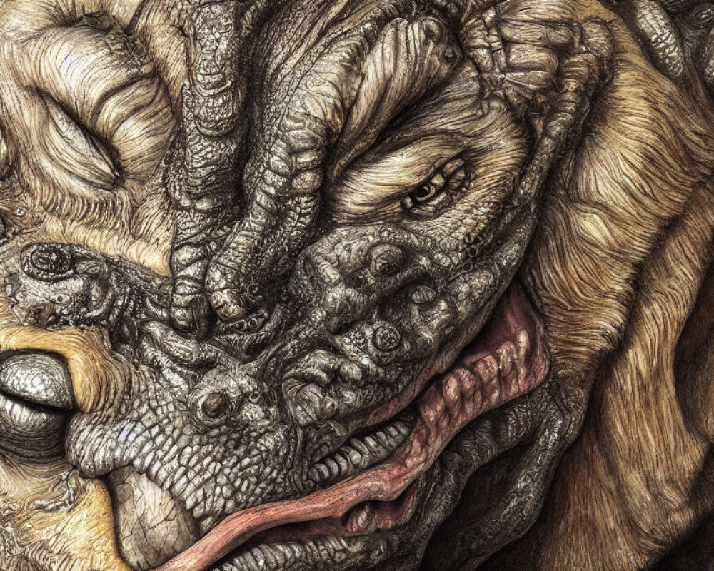 Detailed drawing of creature with textured skin and sharp tusks