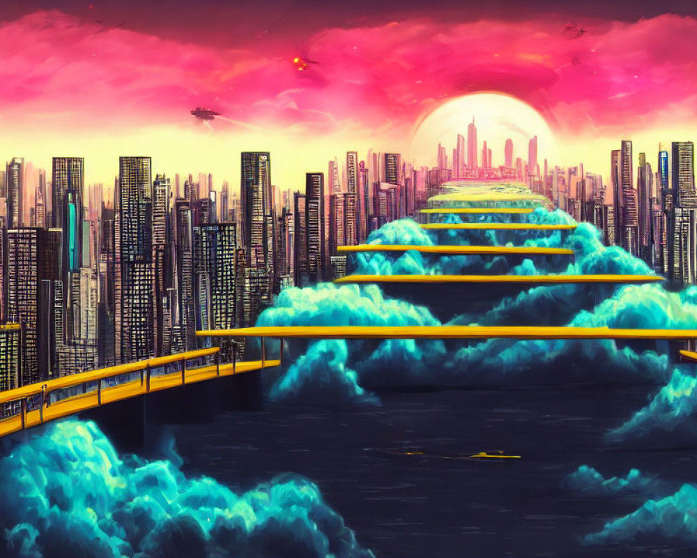 Futuristic sunset cityscape with skyscrapers, sun, elevated roads, and flying vehicles