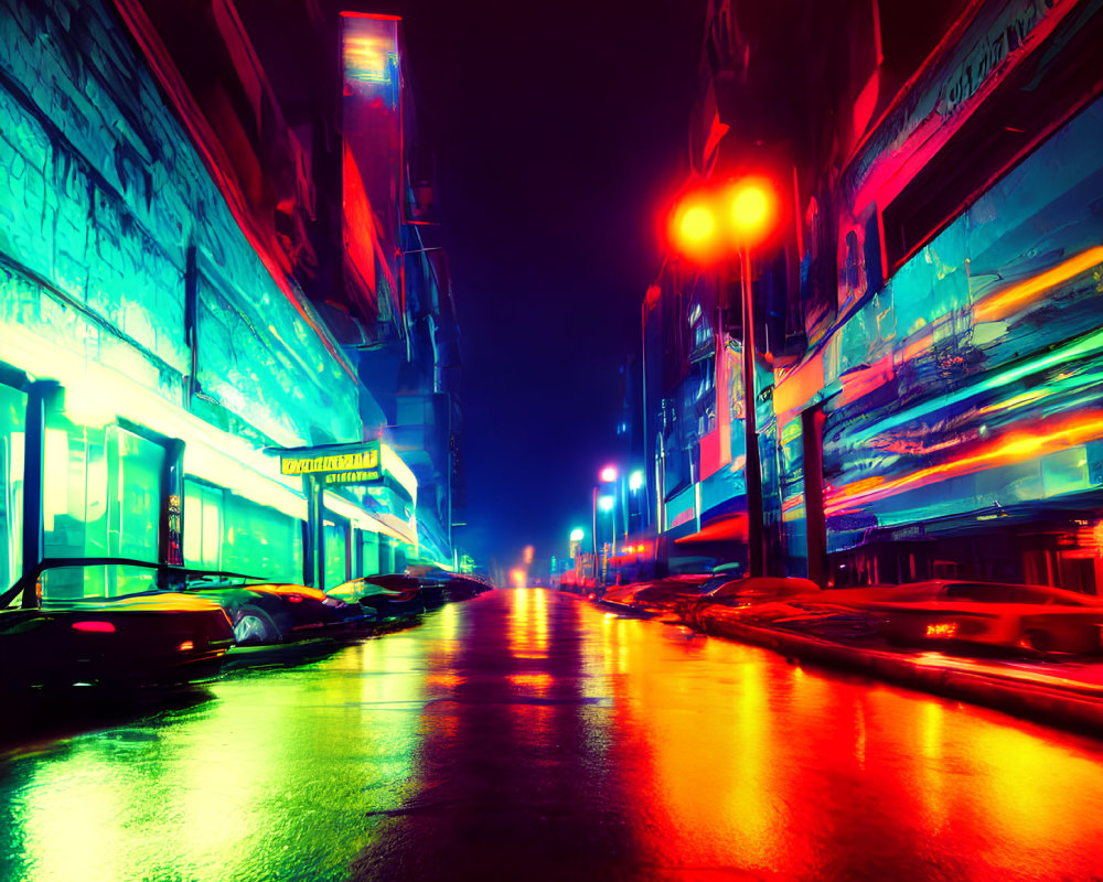 Neon-lit futuristic city street at night with blurred light trails.