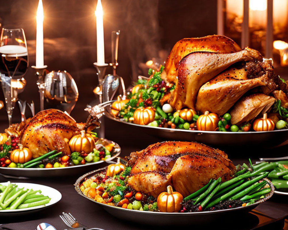 Festive holiday dinner setting with roasted turkeys, green beans, wine glasses, and candles