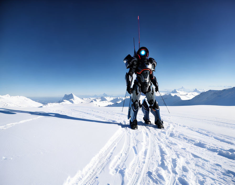 Red Glowing Robot in Snowy Landscape