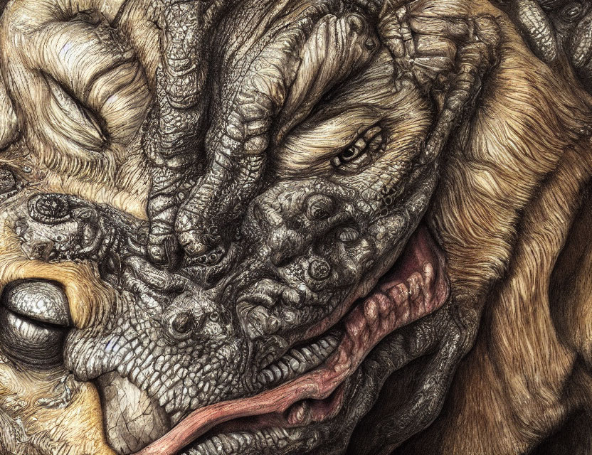 Detailed drawing of creature with textured skin and sharp tusks